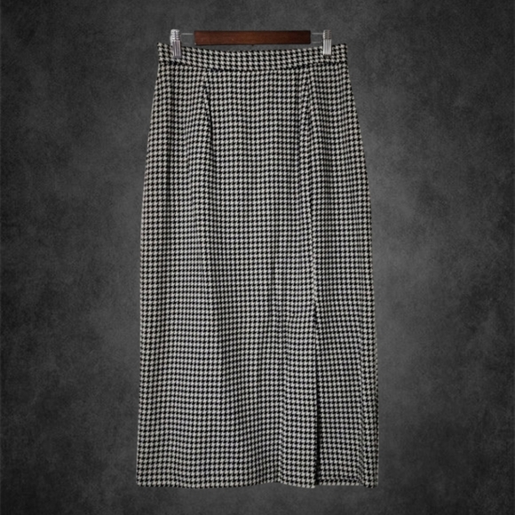 Vintage recycled wool houndstooth black and white checkered long skirt - Picture 1 of 8